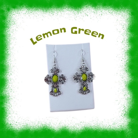 💎 Brand New Antique Cross Earrings- Lemon Green - Picture 2 of 4